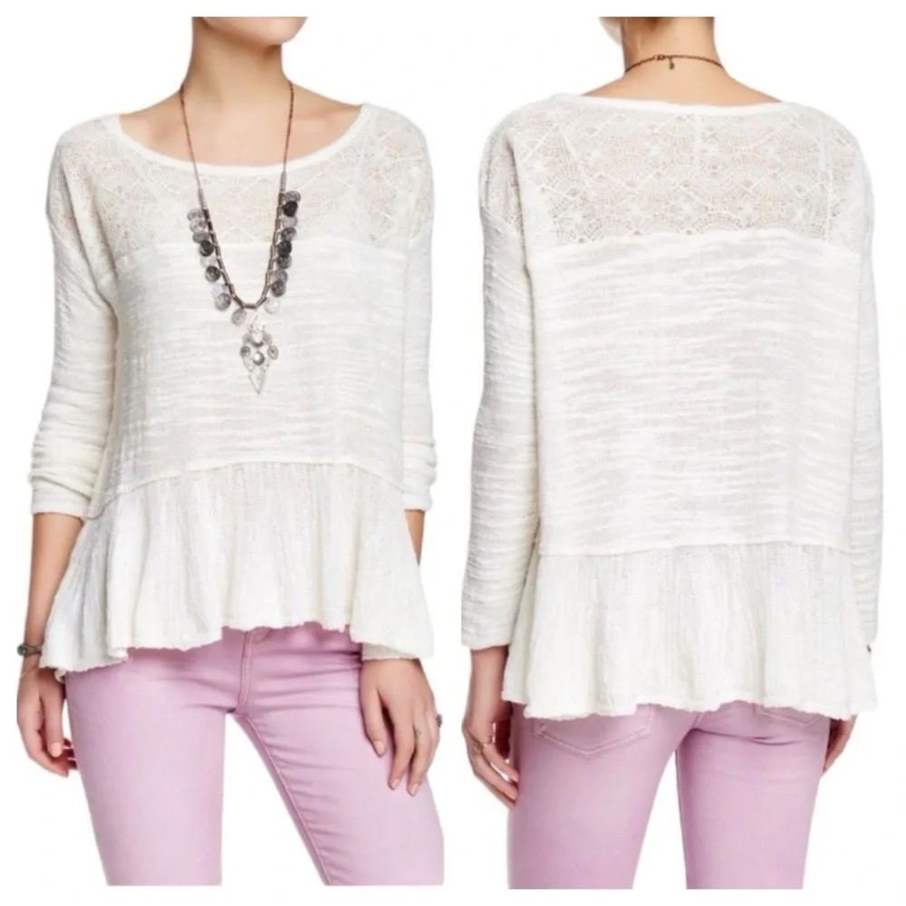 Free People Kristobel Embroidered Yoke Panel Ruffle Top Eggshell